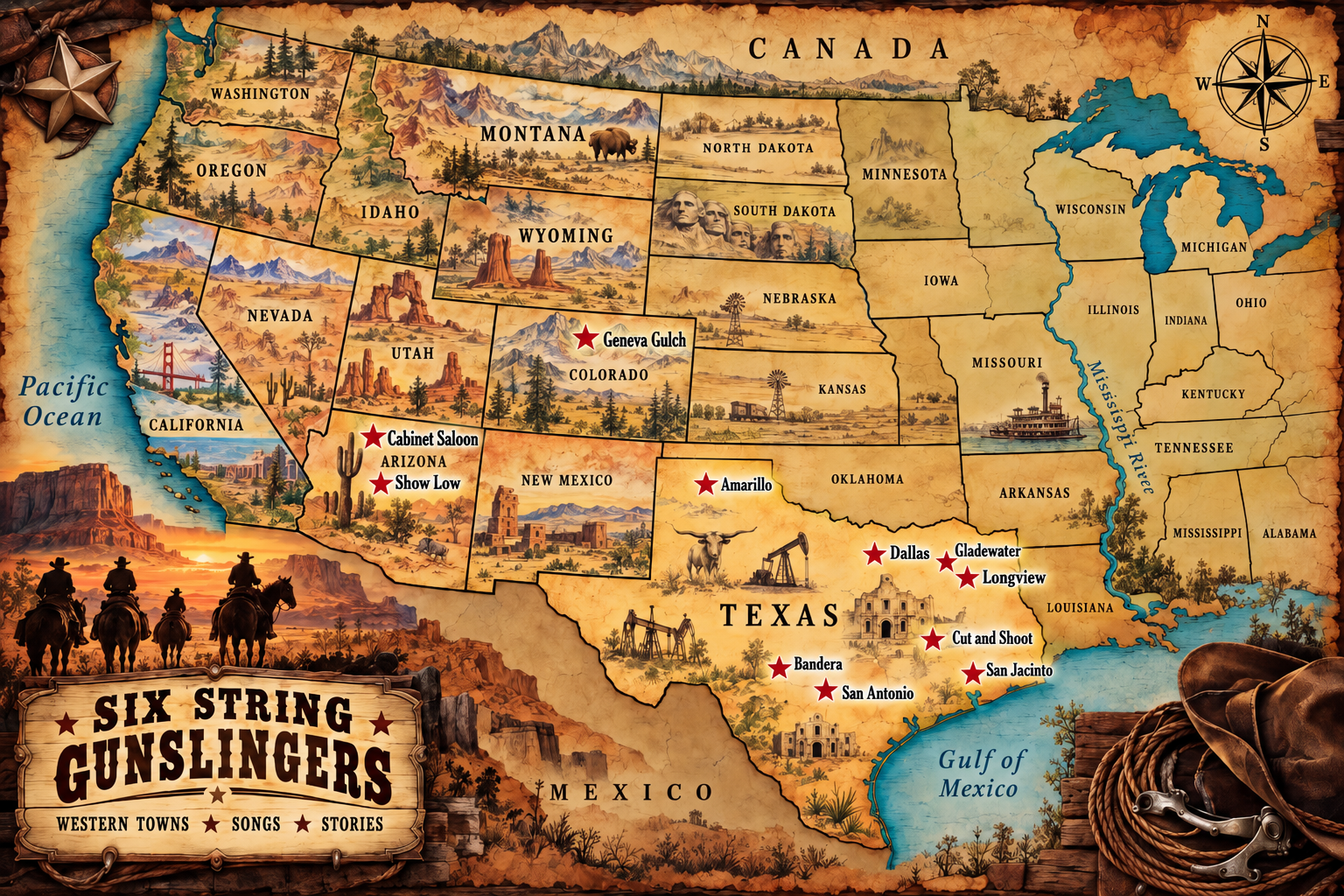 Map of the United States with stars marking the places our songs are about